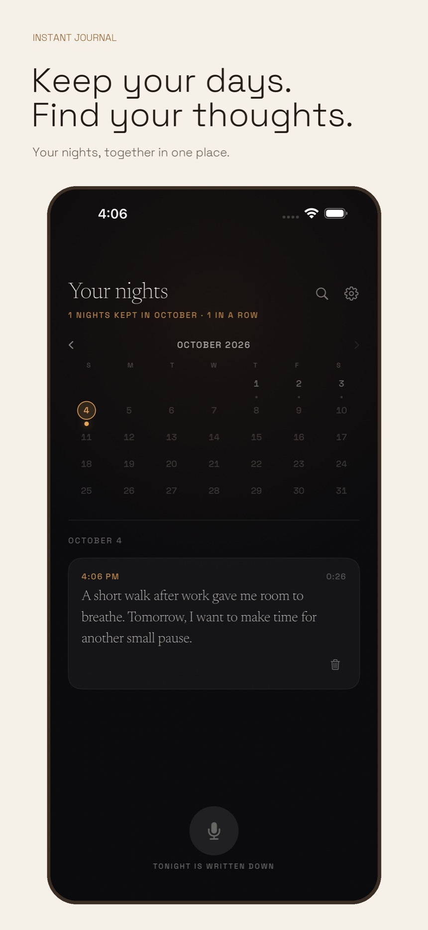 The actual Instant Journal calendar screen, showing October 2026 and a saved sample entry about a walk.