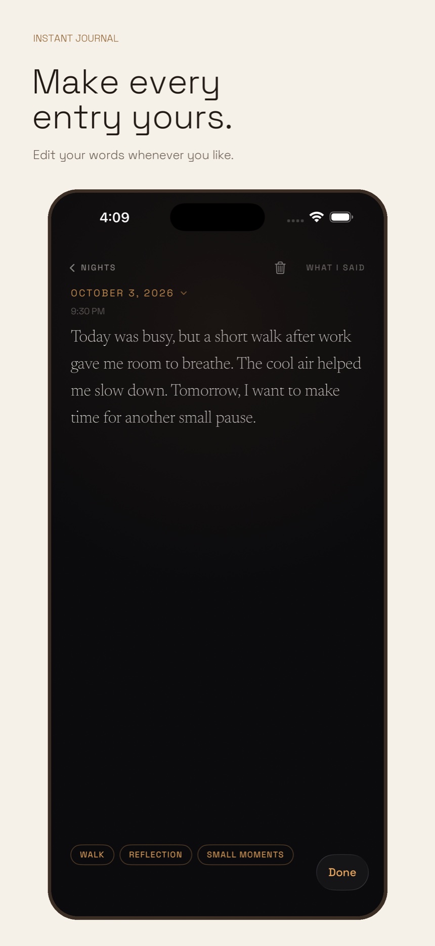 The actual diary editing screen with sample text and a Done button.